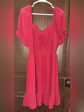 Burgundy Swiss Dot Smocked Puff Sleeve Dress Size 2X